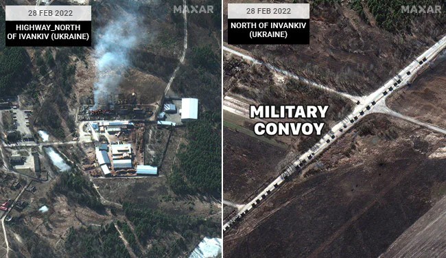 Satellite Pics Show 64-Km Russian Army Convoy Near Kyiv, Burning Houses