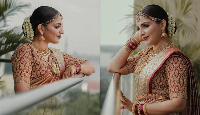 Mythili Is A Beautiful South Indian Bride-to-be In A Gold Saree For Wedding To Sambath